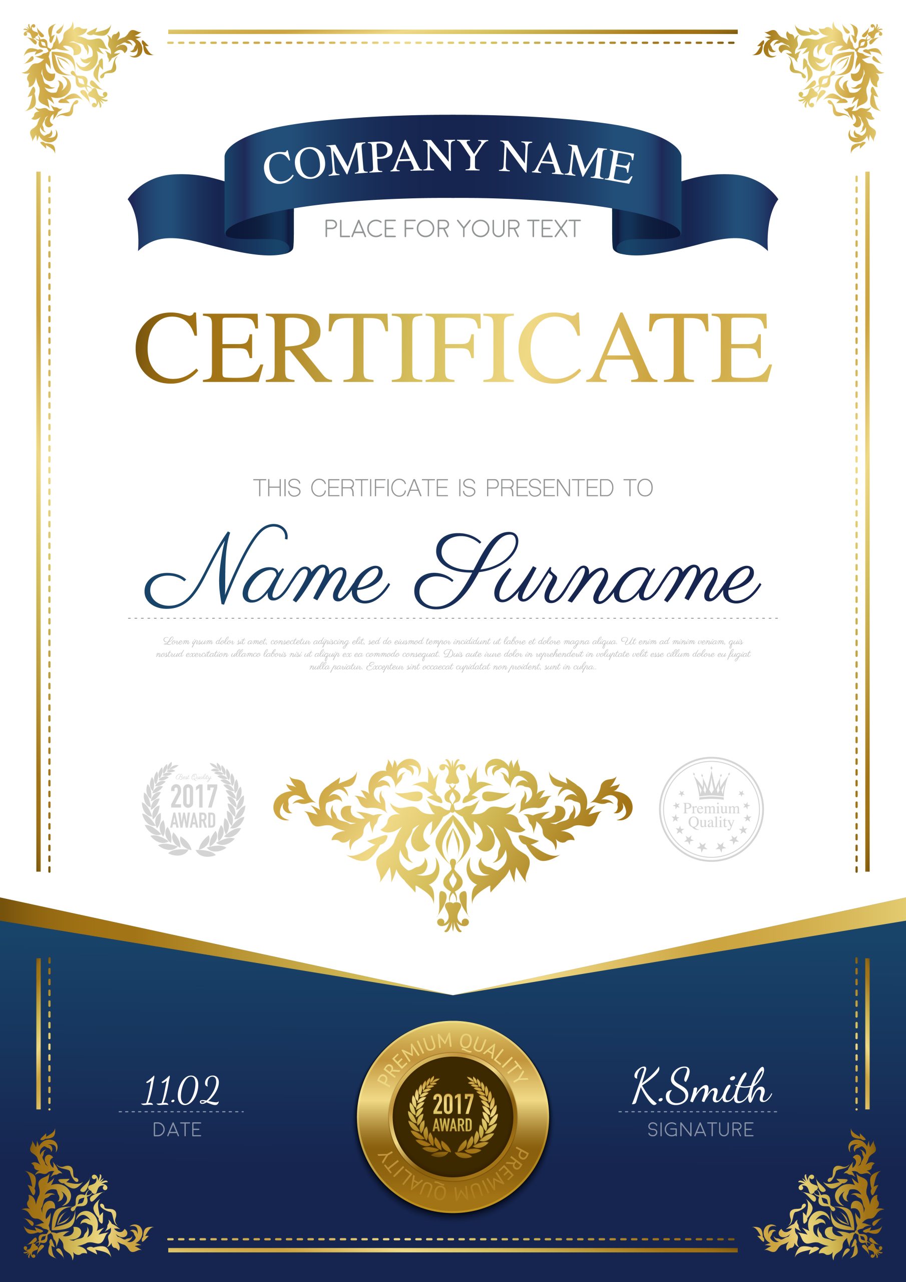 Stylish certificate design with blue ribbon place for text and gold award vector illustration